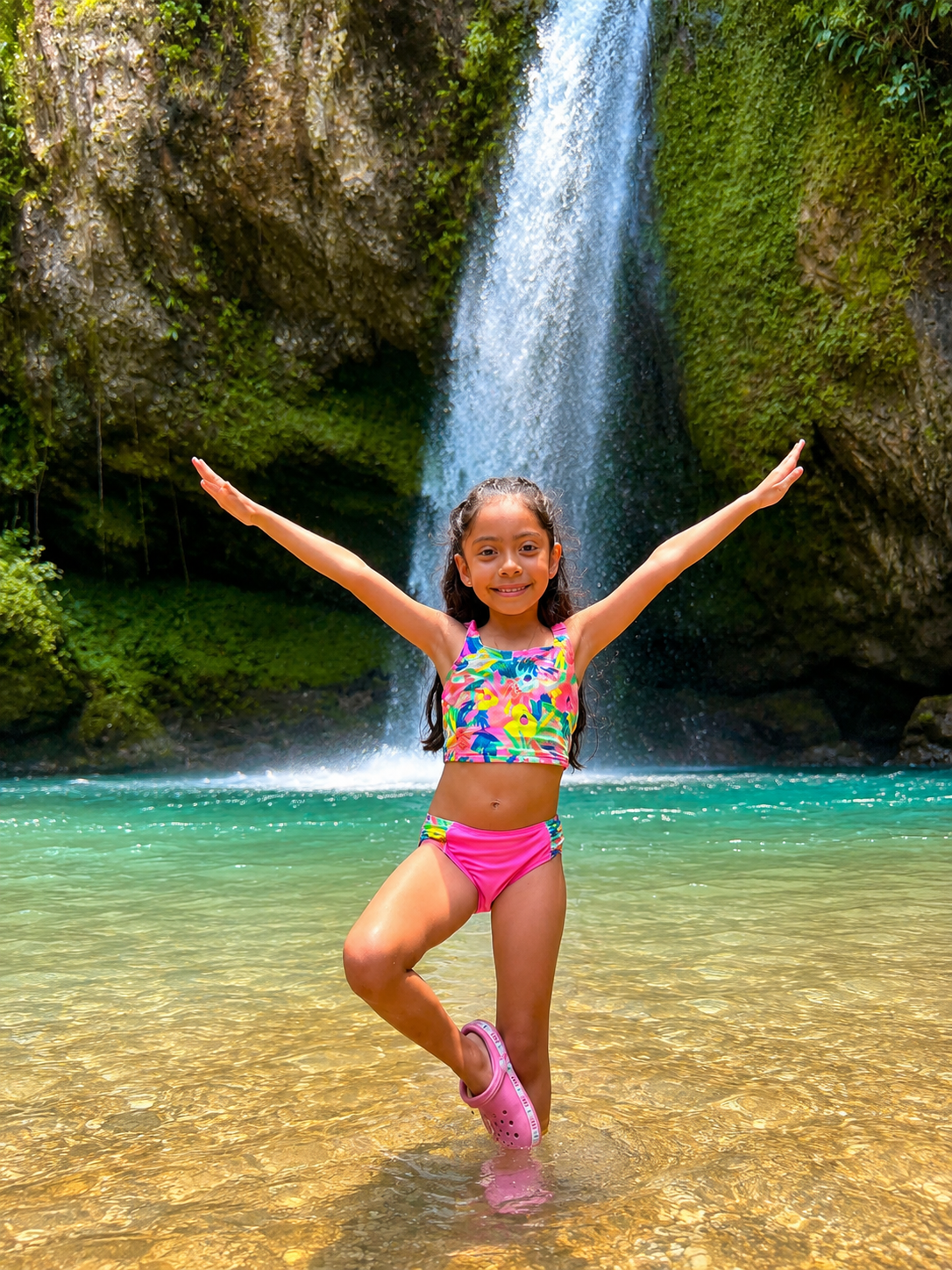 Aylin feliz junto a una cascada
